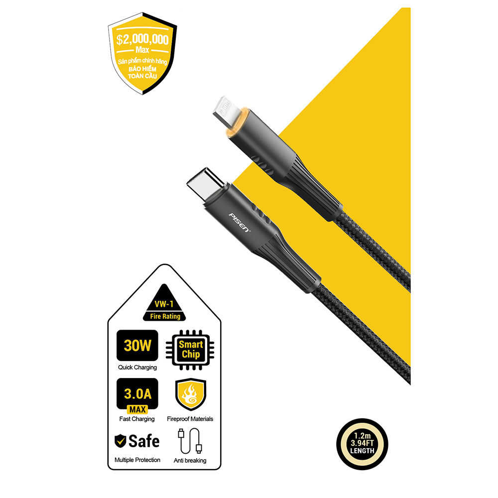 Cáp sạc nhanh thông minh tự ngắt PISEN PRO - FOX intelligent PowerOff Lightning USB-C - LT-CL02-1200(GLB) - IPO
