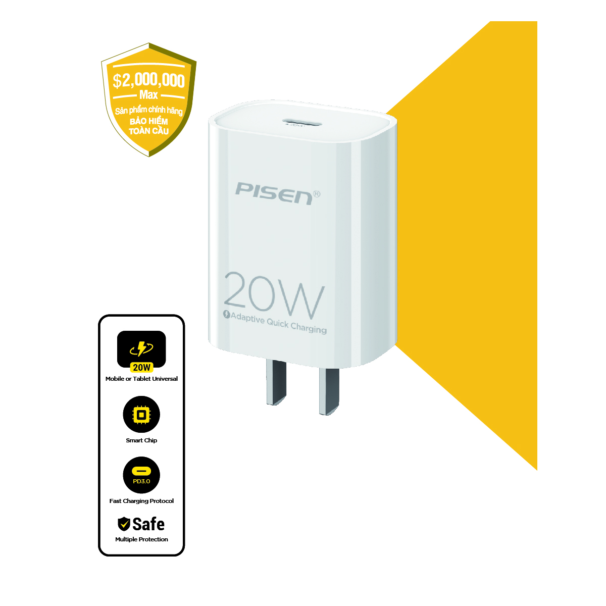 Củ Sạc nhanh PISEN QUICK- Mr White USB-C 20W - TS-C135(GLB)