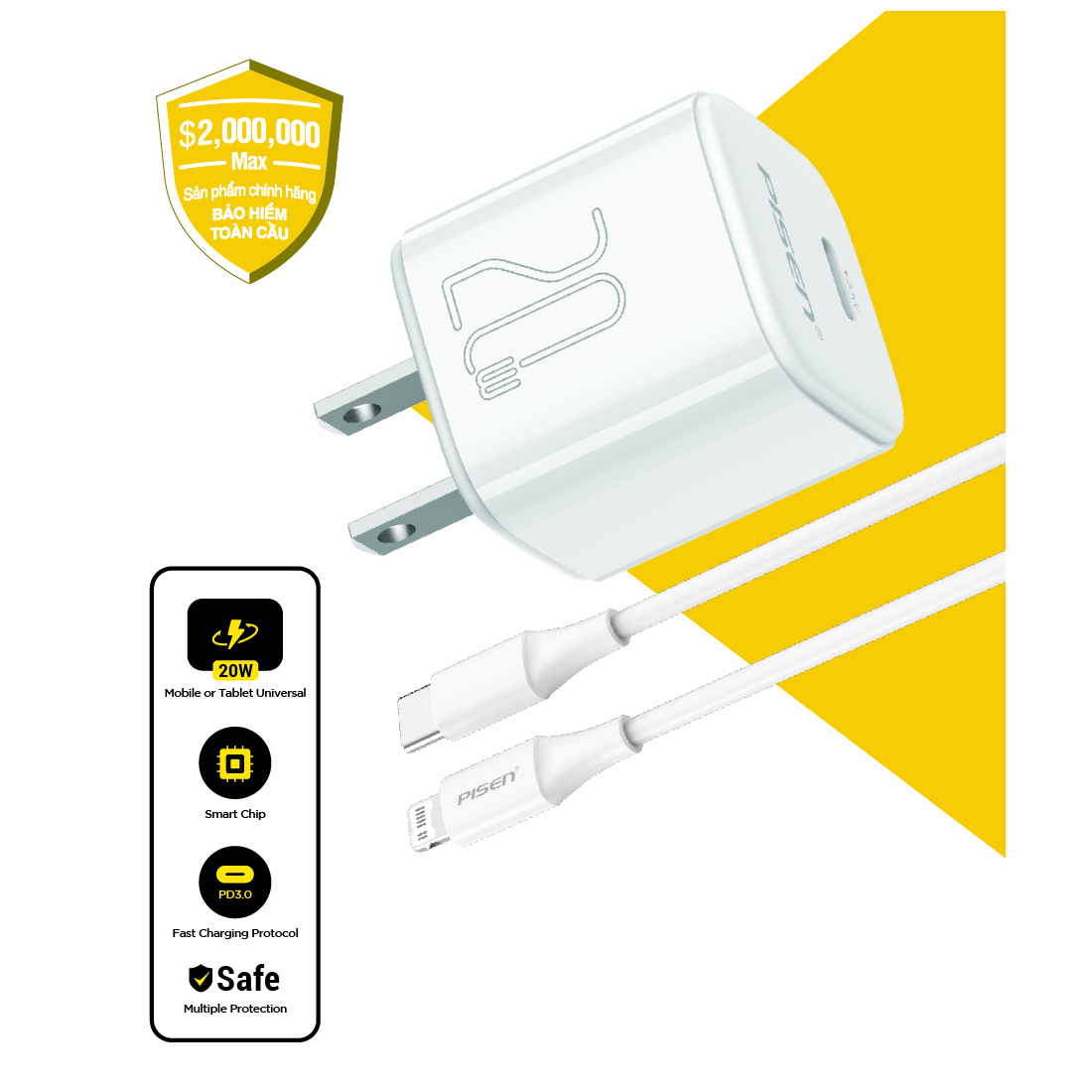 Củ Sạc PISEN QUICK- Mr White Tiny USB-C 20W - TS-C165 (Lightning)