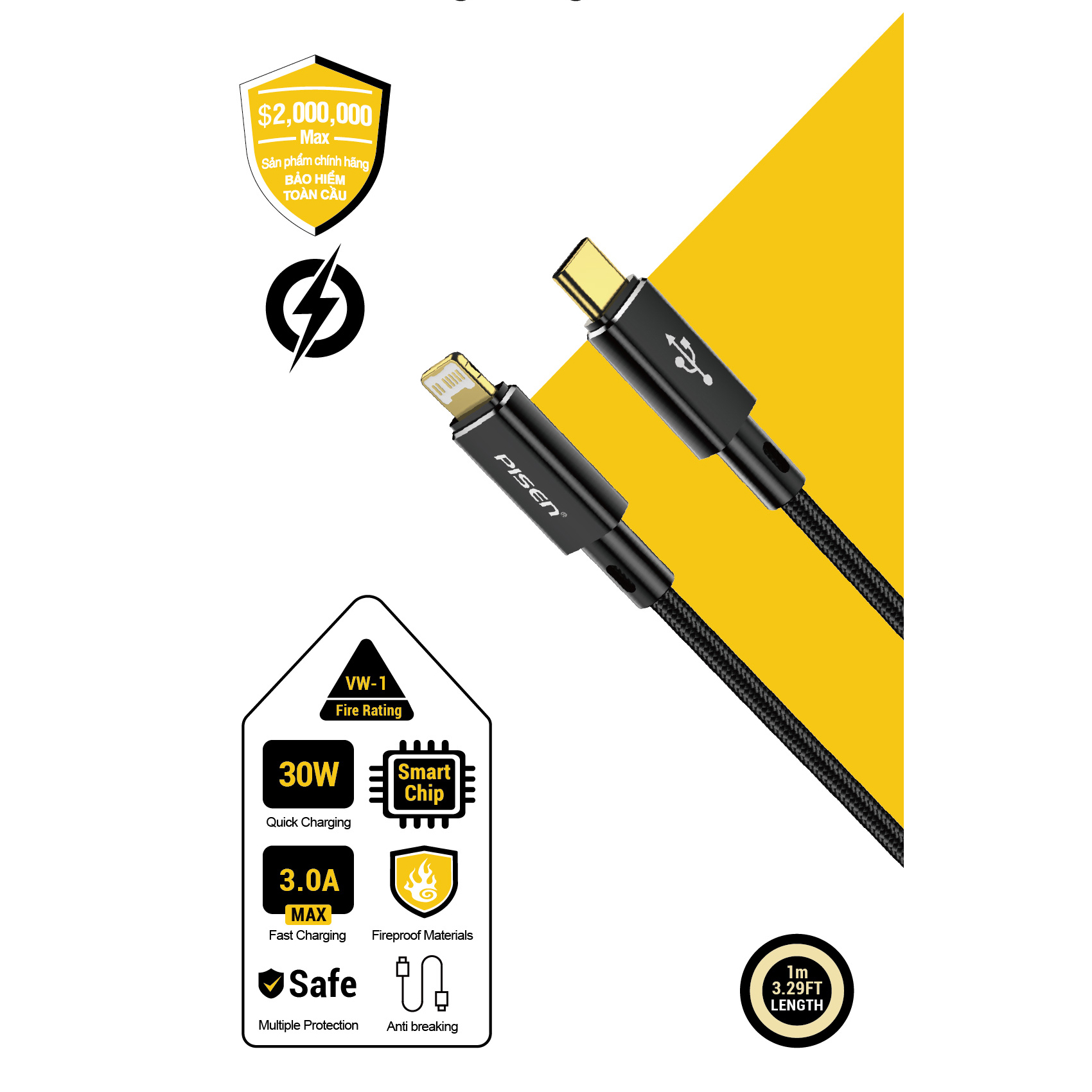 Cáp Sạc PISEN QUICK Platinum Lightning USB-C - CL-PD09-1000 (GLB)